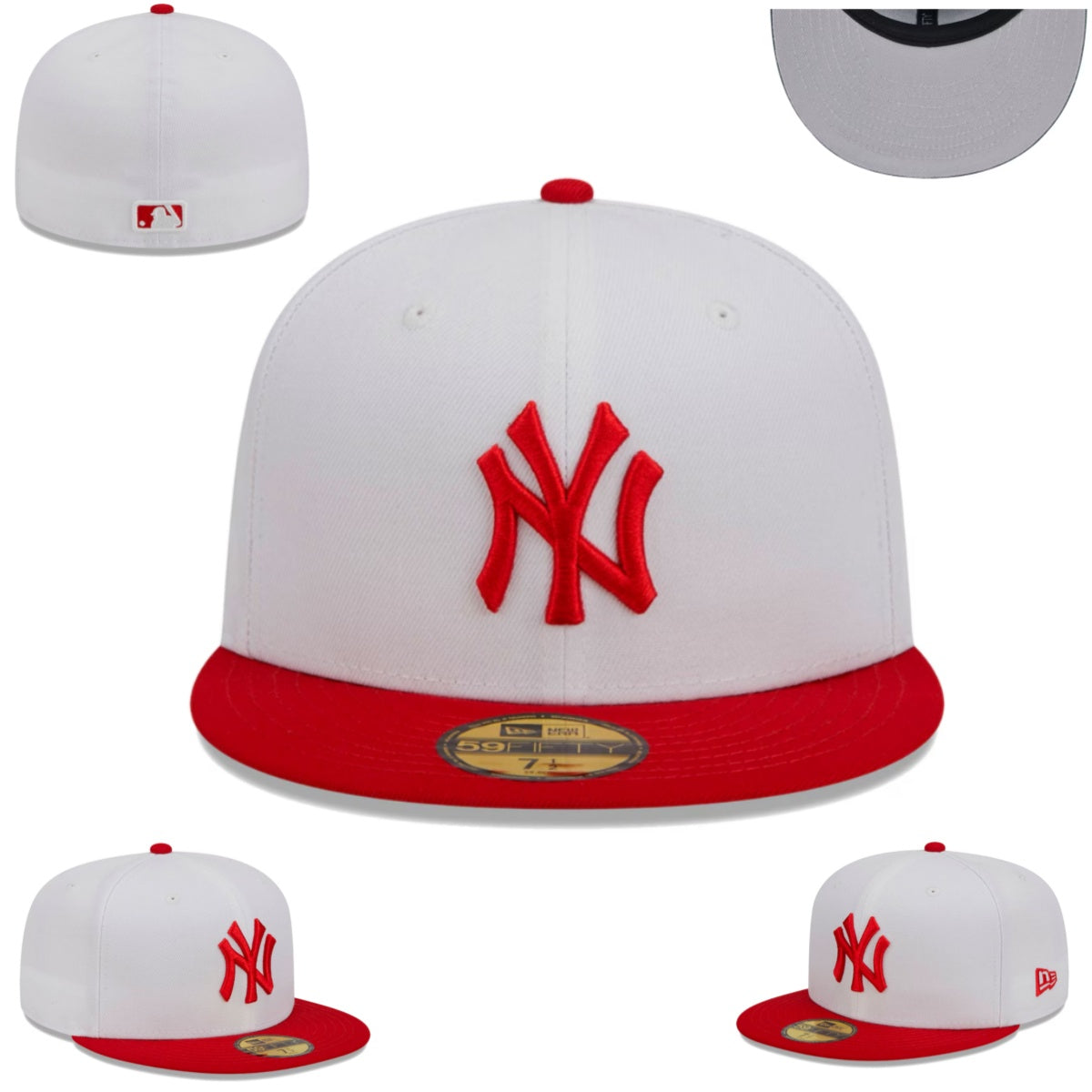New York Yankees White and Red Fitted Hat with Embroidered Logo